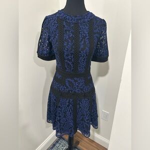 Karen Millen size 4 Elegant Black and Blue fit and flare Lace Dress